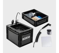 BOXIO - WASH Max+ : évier mobile 40 x 30 cm Kit complet : système de filtre + douche de camping + perles de nettoyage + miroir, lavabo de camping avec pompe sans électricité, accessoires de camping