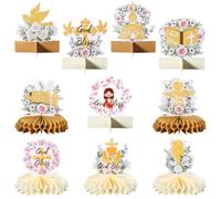 BOXOB 10 Ensembles God Bless Centre de Table en Nid d'abeille Baptême, Floraux Décorations de Baptême Double Face Décorations Première Communion pour Décoration de Fête de Baptême de Baby Shower