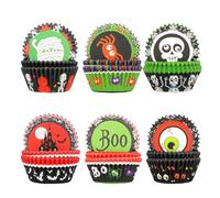 BOXOB 300pcs Caissettes à Cupcakes Halloween, Caissettes à Cupcakes Motif Tête de Mort Araignée Château pour Muffins Cupcake Fêtes d'Halloween (6 Styles)