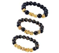 BOXOB 3pcs Bracelets Feng Shui Richesse, Obsidienne Imitation Bracelet Porte-Bonheur Avec Breloques Pixiu Pour Protection Porte Chance & Richesse Or et Noir Bijoux Perlés Cadeau Pour Hommes Femmes
