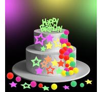 BOXOB 71pcs Décorations de Gâteau Phosphorescentes, Toppers de Cupcake Happy Birthday en Forme d'Étoile Néon pour une Fête d'Anniversaire et Mariage avec Réactivité à la Lumière Noire