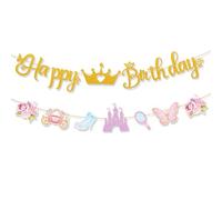 BOXOB Bannière d'Anniversaire Princesse, Bannière Joyeux Anniversaire avec Couronne Château Chaussure en Cristal Calèche Décorations de Fête de Princesse Rêve pour Filles Fête