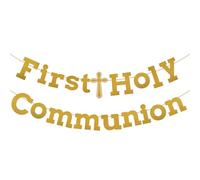 BOXOB Bannière de First Holy Communion, Banderole Première Communion à Paillettes Dorées Décoration de Fête de Baptême Pré-Enfilée Bannière Religieuse pour Décoration de Fête de Baptême