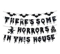 BOXOB Bannière pré-cordée sur le thème de la chauve-souris avec inscription « There's Some Horrors in This House » - Fournitures de décoration de fête pour Halloween, bureau, maison (noir)