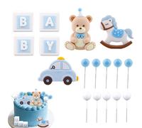 BOXOB Ensemble de Décorations Gâteau d'Anniversaire pour Fête Prénatale, Motif Ours Bleu avec Ours en Peluche Cheval à Bascule Voiture Lettres Ballons pour Décoration Fête