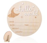 BOXOB Panneau de Naissance en Bois Hello World, 14,8cm, Plaque Nominative pour Bébé Tableau Statistiques Naissance Garçons et Filles Accessoire Photo Idéal pour Chambre D'enfant ou Hôpital