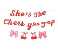 BOXOB She's the Cherry On Top Bannière, Cerise Rouge Pailletée Décoration Fête Thème Fruit Panneau Bannière pour Enterrement de Vie de Jeune Fille Baby Shower Anniversaire Fiançailles
