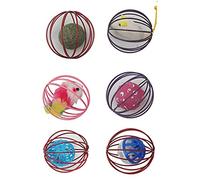 boxoon Lot de 6 balles creuses interactives pour chaton avec souris dans la cage, plumes en peluche et clochette pour poursuivre, sauter et jouer en solo