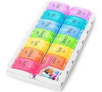 Boxsik - Pilulier Organisateur - Boîte à comprimés arc-en-ciel - Étui de rangement pour médicaments 7 jours 2 fois par jour avec bouton-poussoir, récipient pour pilules hebdomadaires