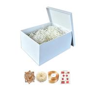 BoxSkivra Lot de 2 grandes boîtes cadeaux blanches avec couvercles pour cadeaux, boîtes d'anniversaire, boîtes cadeaux froissées, ruban, autocollants de l'alphabet - 40,6 x 30,5 x 20,3 cm