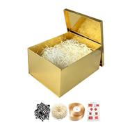 BoxSkivra Lot de 2 grandes boîtes cadeaux dorées avec couvercles pour cadeaux, boîtes d'anniversaire, papier froissé, ruban, autocollants de l'alphabet - 40,6 x 30,5 x 20,3 cm