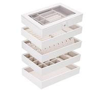 Boxudeli Plateau à bijoux 5 niveaux, plateau empilable avec couvercle transparent, présentoir à bijoux pour tiroir, grande boîte à bijoux (Blanc, Couvercle de connexion à cinq niveaux)