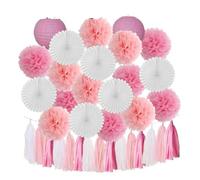 Boy Birthday Party Favor Hanging Paper Lantern Fan Wedding Decor Blue White Set Tissue Pompom Tassel(Pink Set)