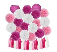 Boy Birthday Party Favor Hanging Paper Lantern Fan Wedding Decor Blue White Set Tissue Pompom Tassel(Rose Red Set)