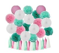 Boy Birthday Party Favor Hanging Paper Lantern Fan Wedding Decor Blue White Set Tissue Pompom Tassel(Pink Mint)