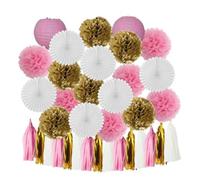 Boy Birthday Party Favor Hanging Paper Lantern Fan Wedding Decor Blue White Set Tissue Pompom Tassel(Gold Dark Pink)