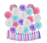 Boy Birthday Party Favor Hanging Paper Lantern Fan Wedding Decor Blue White Set Tissue Pompom Tassel(Pink Blue Purple)