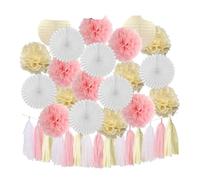 Boy Birthday Party Favor Hanging Paper Lantern Fan Wedding Decor Blue White Set Tissue Pompom Tassel(Pink Beige)