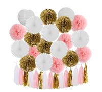Boy Birthday Party Favor Hanging Paper Lantern Fan Wedding Decor Blue White Set Tissue Pompom Tassel(Gold Light Pink)