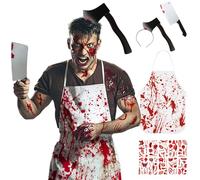 BOYATONG Déguisement Halloween Homme Boucher - Tablier Sanglant + Faux Couteau + Hache dans la Tête + 10 Tatouages Cicatrices - Costume Horreur/Gore/Carnaval