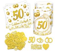 BOYATONG Lot de 20 serviettes de table pour mariage doré + 12 photophores + 60 confettis scintillants, décoration de mariage dorée pour noces d'or