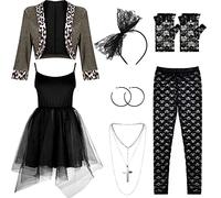 Boyiee Costume des années 80 pour femme, robe, veste, bandeau, boucles d'oreilles, collier, leggings en dentelle, gants, costume d'Halloween thème années 80, Multicolore, Large