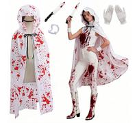 Boyigog Cape d'horreur d'Halloween pour adultes, cape blanche avec accessoire à capuche, motif sang rouge, cape blanche, tatouage, gants, costume de vampire d'horreur pour adulte, costume pour