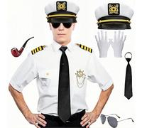 Boyigog Costume de capitaine marin pour homme - 8 pièces avec veste blanche, chapeau, gants, capitaine de bateau, fête à thème cosplay, Halloween, carnaval (taille XL)
