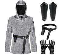 Boyigog Costume de chevalier médiéval pour homme - 4 pièces - Pour adulte - Costume d'Halloween avec chemisier à capuche - Ceinture en cuir - Gants - Viking - Accessoires vintage pour Halloween