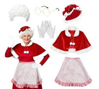 Boyigog Costume de Mme Noël pour femmes - Tenue de Noël 6 pièces pour adultes avec chapeau, perruque, tablier, gants, lunettes, Père Noël, vieille dame grand-mère, accessoires de costumade pour Père