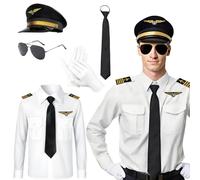 Boyigog Costume de pilote pour adulte - Uniforme de capitaine - Chemise de pilote - Accessoire avec chapeau, lunettes de soleil - Cravate - Gants - Halloween, carnaval, cosplay, capitaine, fête à