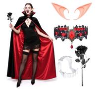Boyigog Costume de vampire d'Halloween 6 pièces avec cape de vampire gothique noir-rouge, collier oreilles d'elfe, dents de vampire, Halloween, carnaval, cosplay, cape de vampires pour adultes et