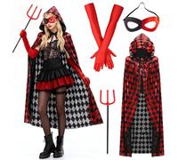 Boyigog Costume de Vampire Diable pour Femme Deguisement Diable Manteau de Diable avec Capuche Gants Masque Bandeau Halloween Costume de Rouge Noir Cape Vampire Femme
