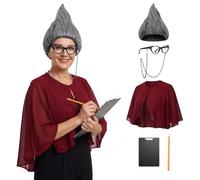 Boyigog Costume de vieille dame monstre avec perruque, châle, lunettes, porte-crayon, costume pour carnaval, journée mondiale du livre