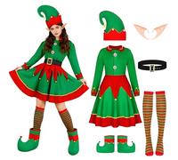 Boyigog Costume d'elfe de Noël pour femme - 6 pièces - Robe de Père Noël verte, chapeau, bas rayé, ceinture avec oreilles et oreilles - Costume de fée de Noël pour fête de Noël (vert, XXL)