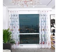 Boyouth Lot de 2 rideaux transparents blancs à motif papillon coloré avec passe-tringle pour chambre à coucher, bureau, salon, rouge, 99 x 198 cm