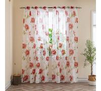 BOYOUTH Rideaux transparents imprimés fleurs rouges et feuilles vertes, rideaux de fenêtre avec passe-tringle pour chambre à coucher, salon, 2 panneaux, 99 x 248 cm