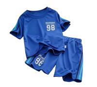 Boys 2-Piece Quick-Dry Sportswear Set Short Sleeve T-Shirt & Elastic Waist Shorts, Breathable Kids Active Outfits (Blue, 13-14 Years) o94o