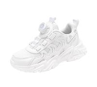 Boys and Girls Spring Summer and Autumn Mesh Breathable Rotating Buckle Adjustable Shoelaces Medium and Large Children's Casual Sports Shoes Chaussons Peluche (White, 34 Big Kids)