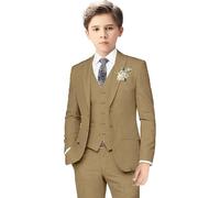 Boys Linen Suits for Kids Summer Slim Fit 3 Piece Beach Wedding Outfit Light Weight Tuxedo Linen Suit Set (Brown,15TG)