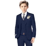 Boys Linen Suits for Kids Summer Slim Fit 3 Piece Beach Wedding Outfit Light Weight Tuxedo Linen Suit Set (Navy,12TG)