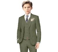 Boys Linen Suits for Kids Summer Slim Fit 3 Piece Beach Wedding Outfit Light Weight Tuxedo Linen Suit Set (OliveGreen,3TG)