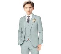 Boys Linen Suits for Kids Summer Slim Fit 3 Piece Beach Wedding Outfit Light Weight Tuxedo Linen Suit Set (Blue-Gray,17TG)