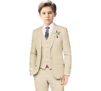 Boys Linen Suits for Kids Summer Slim Fit 3 Piece Beach Wedding Outfit Light Weight Tuxedo Linen Suit Set (Champagne,12TG)