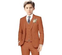 Boys Linen Suits for Kids Summer Slim Fit 3 Piece Beach Wedding Outfit Light Weight Tuxedo Linen Suit Set (Orange,13TG)