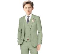 Boys Linen Suits for Kids Summer Slim Fit 3 Piece Beach Wedding Outfit Light Weight Tuxedo Linen Suit Set (Green,15TG)