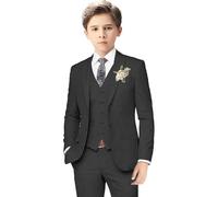 Boys Linen Suits for Kids Summer Slim Fit 3 Piece Beach Wedding Outfit Light Weight Tuxedo Linen Suit Set (Black,3TP)