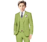 Boys Linen Suits for Kids Summer Slim Fit 3 Piece Beach Wedding Outfit Light Weight Tuxedo Linen Suit Set (lightgreen,3TP)