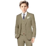 Boys Linen Suits for Kids Summer Slim Fit 3 Piece Beach Wedding Outfit Light Weight Tuxedo Linen Suit Set (darkkhaki,17TG)