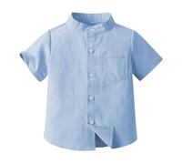 Boys' Short Sleeve Cotton Shirt Toddler Button Down Casual Top, Solid Colour Summer Tee, Lightweight Dress Shirt for Kids Baby Boy Clothes (Blue, 12-18 Months) u73q